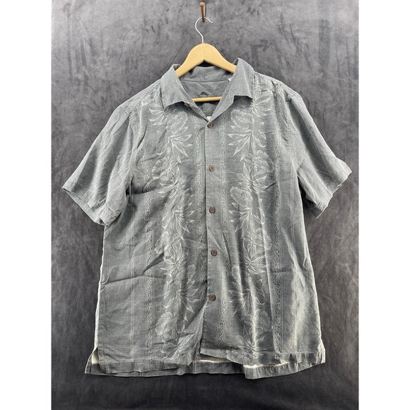 Tommy Bahama Other - Tommy Bahama Men XL Gray 100% Silk Hawaiian Camp Shirt Floral Embroidered